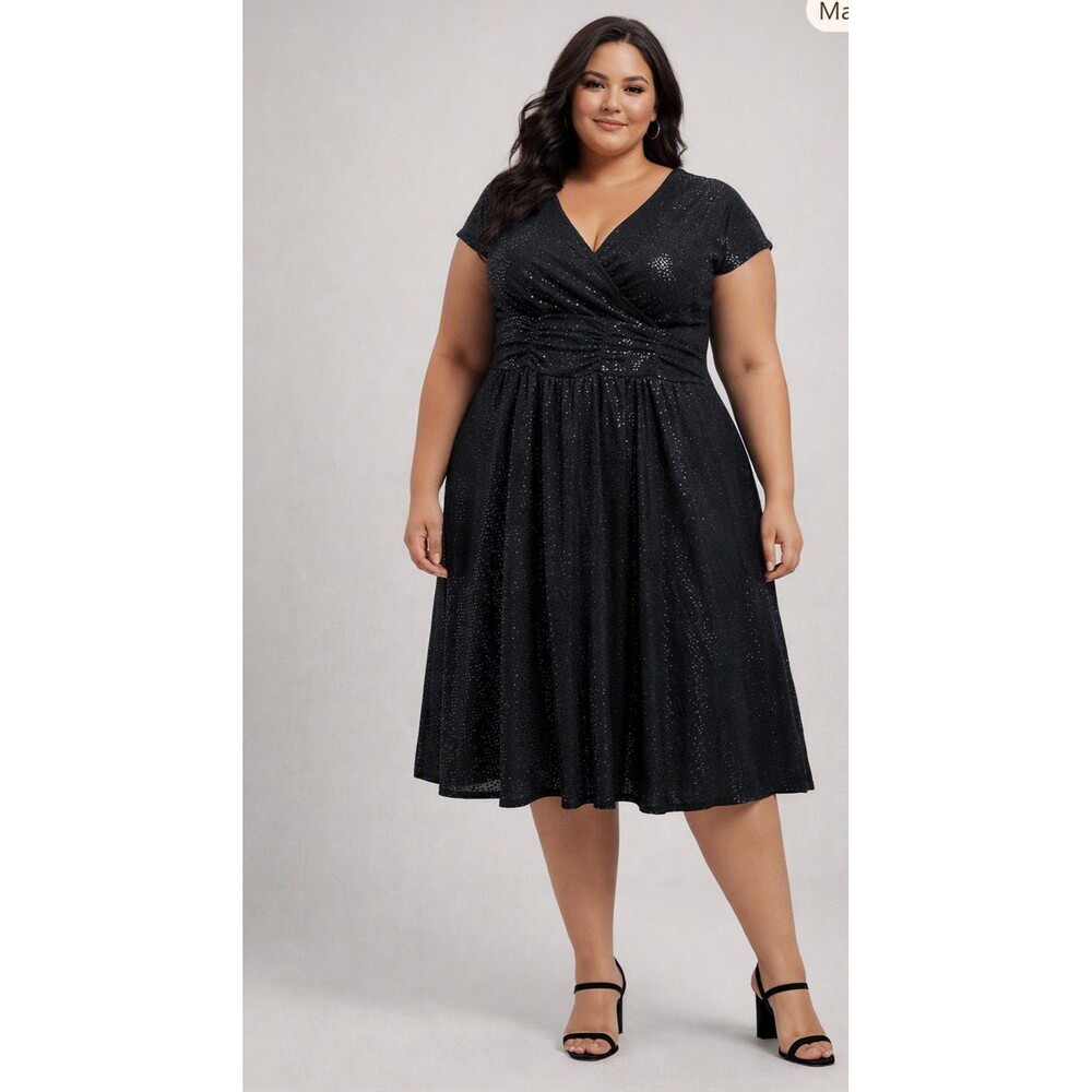 AA Studio AA Women's Black Sequin Cocktail V-neck Ruched Bodice Midi Dress 16W